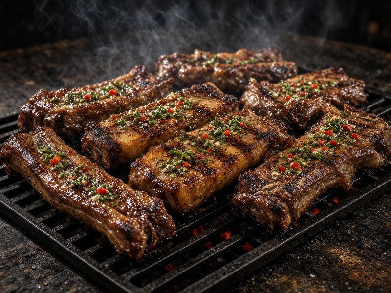 Asado de tira humeando sobre la parrilla
