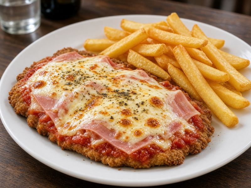 Milanesa napolitana con jamón, queso y papas fritas