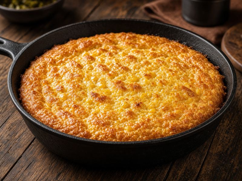 Sopa paraguaya dorada en sartén de hierro